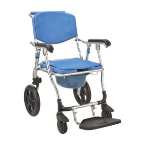 Chaise de douche pliante et à roulettes avec coussin et repose-pieds